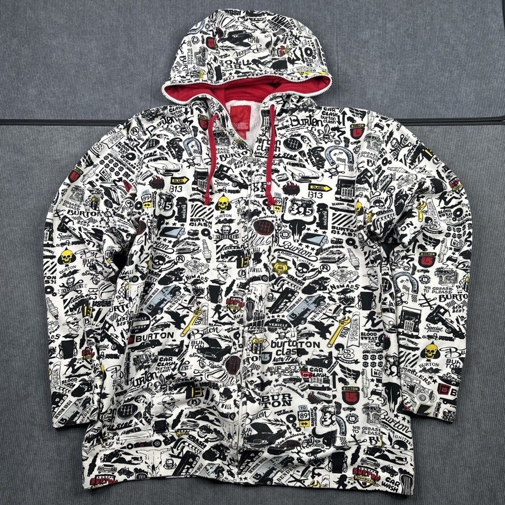 Burton Snowboards Hoodie Full Zip Hooded Sweatshirt Rare Y2K Sz 2XL AOP White